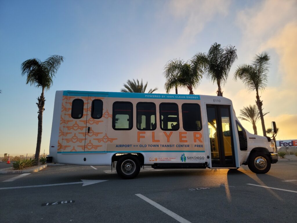 A San Diego Flyer electric shuttle bus