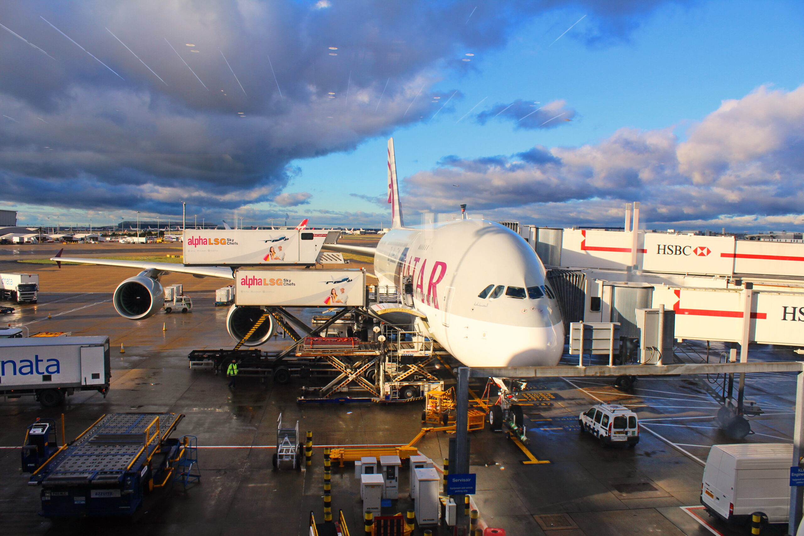 Aircraft at London Heathrow surrounded by ground handling equipment