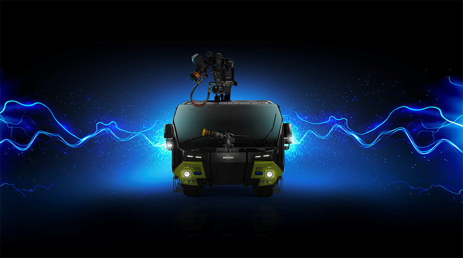 The Striker Volterra Electric ARFF Truck with lightning in the background