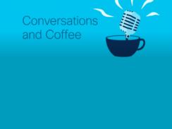 The logo for Cisco's 'Conversations and Coffee' visual podcast, featuring a microphone in a cappuccino cup