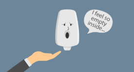 An image showing a cartoon depiction of an empty hand sanitiser unit, upset with the predicament it finds itself in