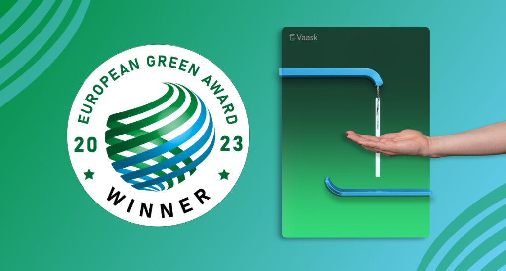 The European Green Award Logo and a green hand sanitiser from Vaask