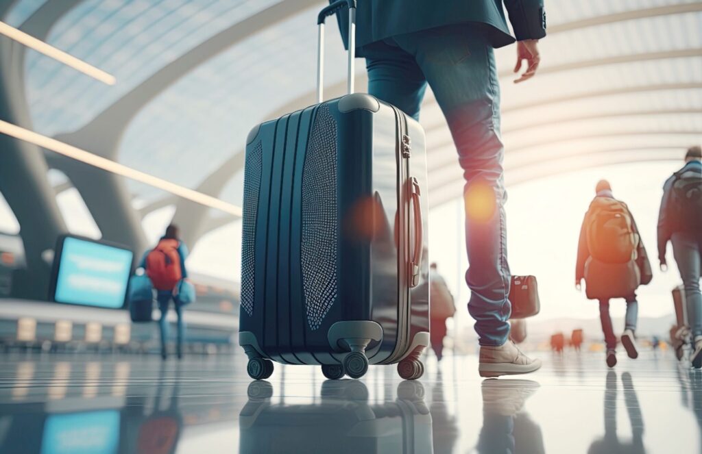 A businessman pulling a suitcase along at an airport