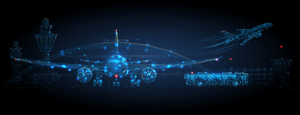 A blue digitised airplane on a black background