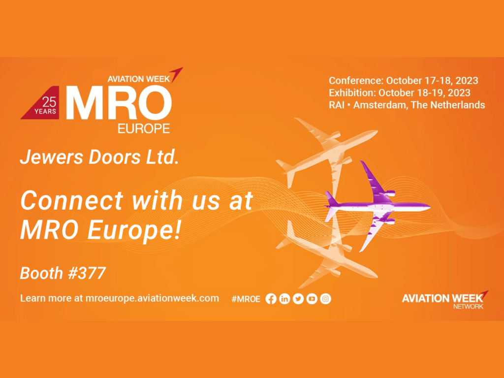 An orange poster advertising Jewers Doors' attendance at MRO Europe 2023