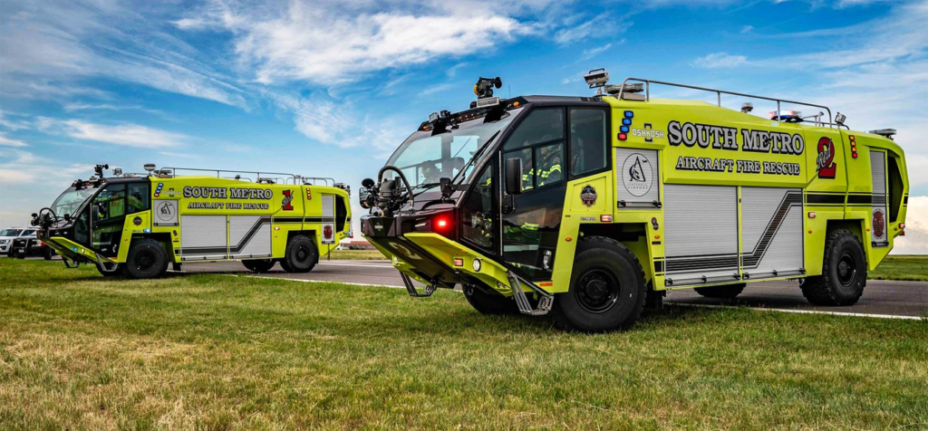 Two yellow South Metro Fire Rescue ARFF