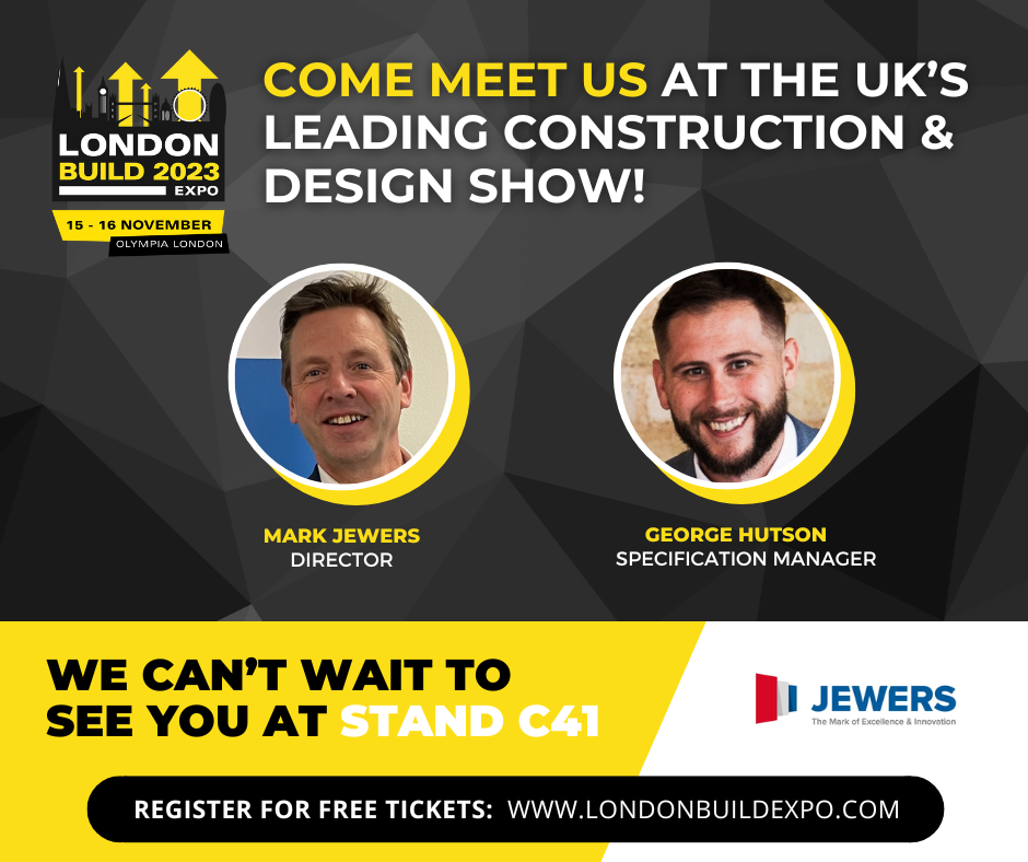 A banner advertising Jewers doors' attendence at London Build Expo 2023