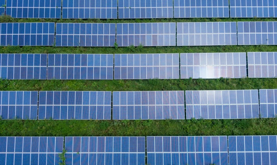 An image of several rows of blue solar panels