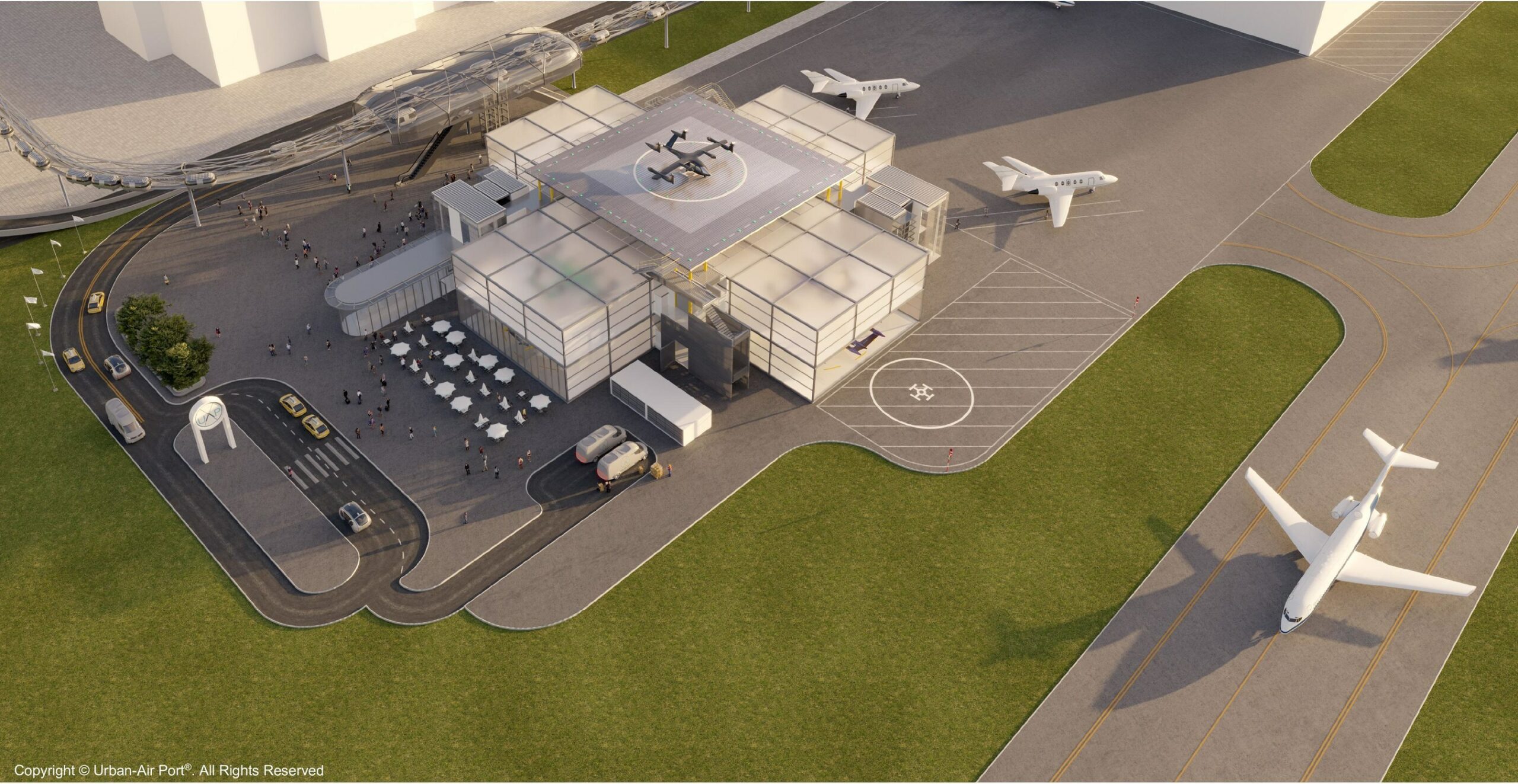 Visualisation of Urban-Air Port’s Next-Generation AirOne Vertiport at an airport location