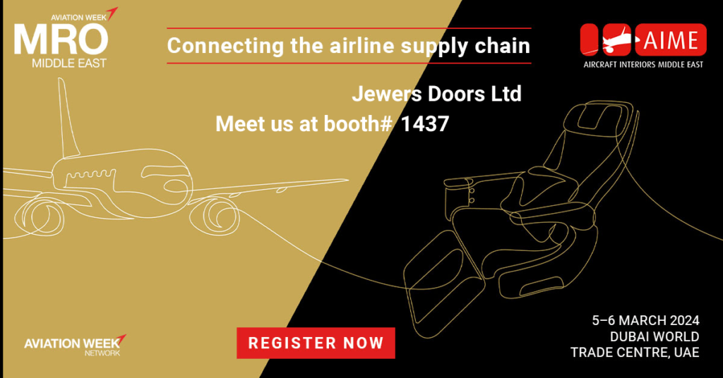 A gold and black banner advertising Jewers Doors' attendance at MRO Middle East