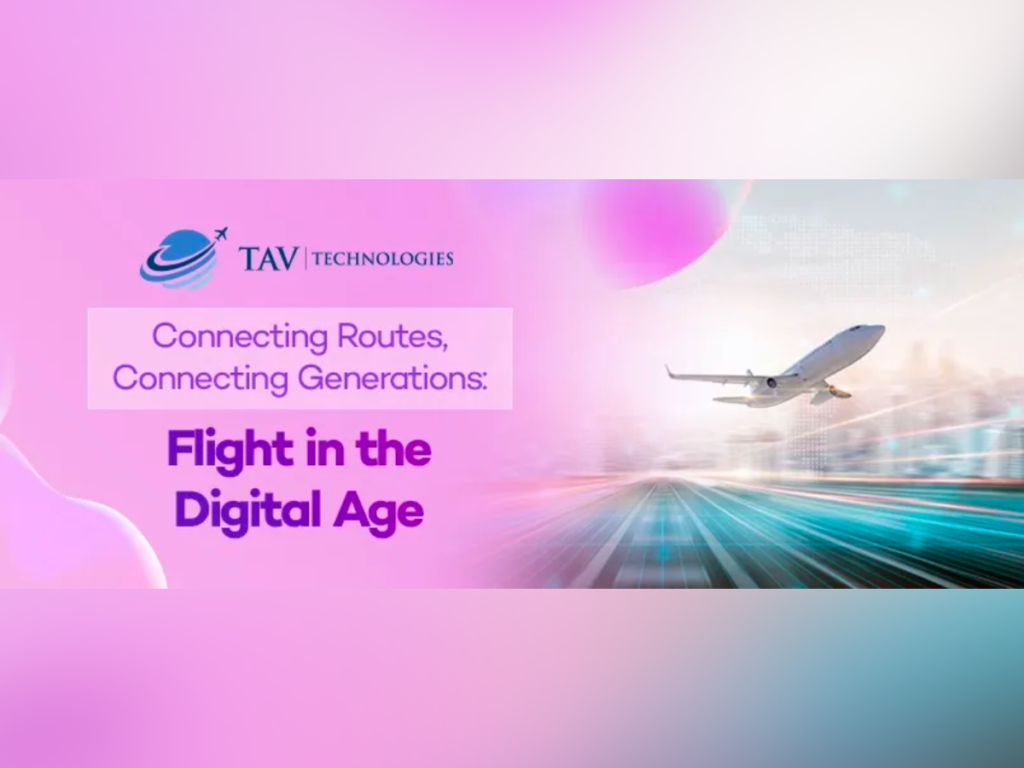 A pink banner. There's a picture of a plane flying on the right and on the left are the words "Connecting Routes, Connecting Generations: Flight in the Digital Age"