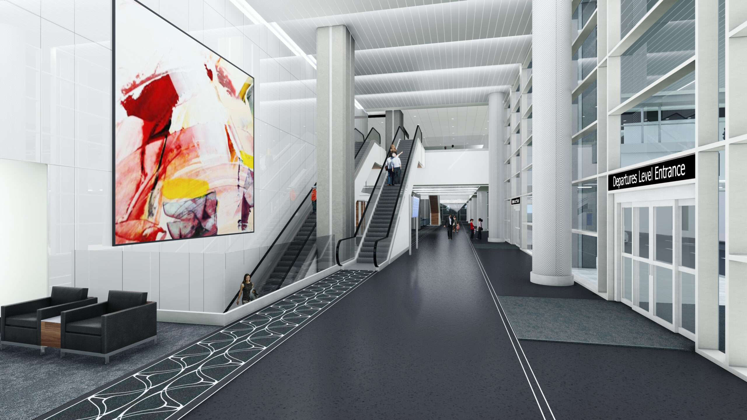 A rendering of the interior of the Departures level of the Red Express Curbsides