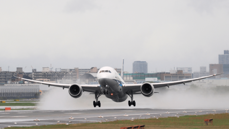 An aeroplane taking off or landing on a runway