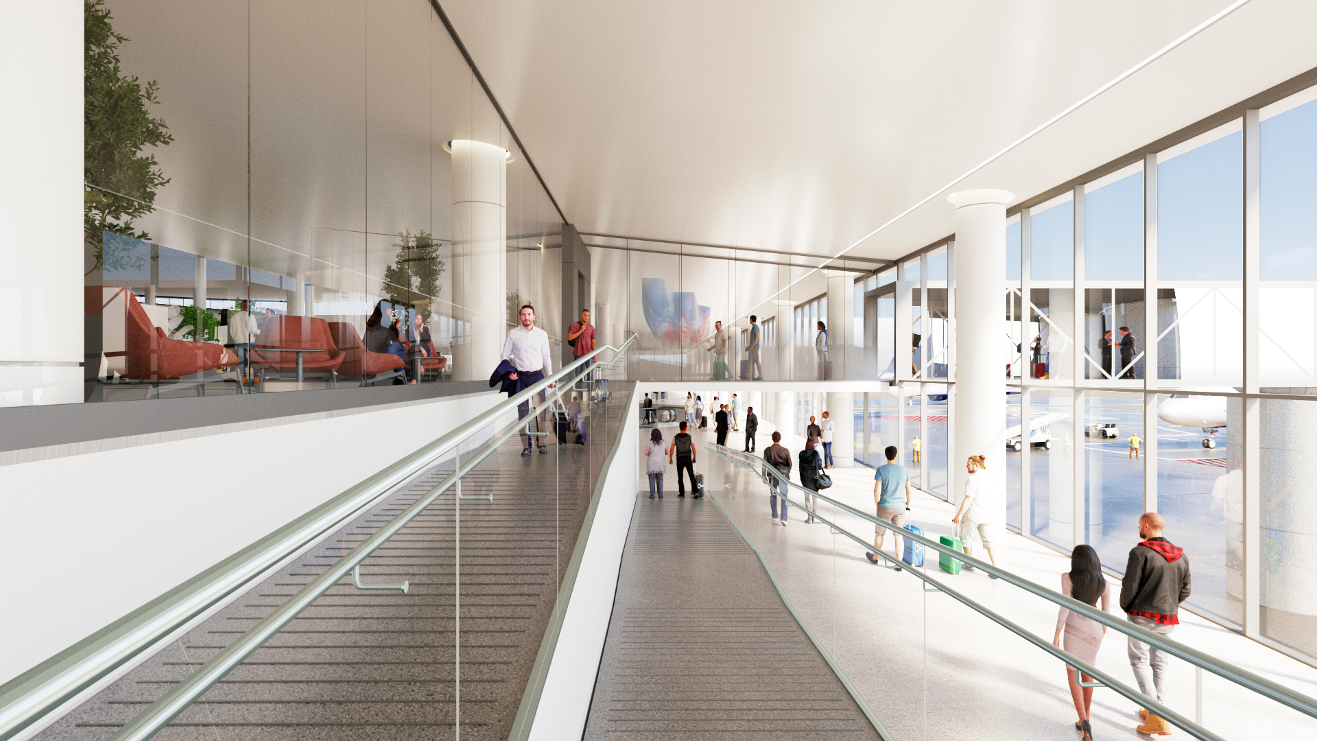 The secure corridor that wraps around three sides of Airside D, allowing passengers arriving aboard international flights to proceed to the U.S. Customs area