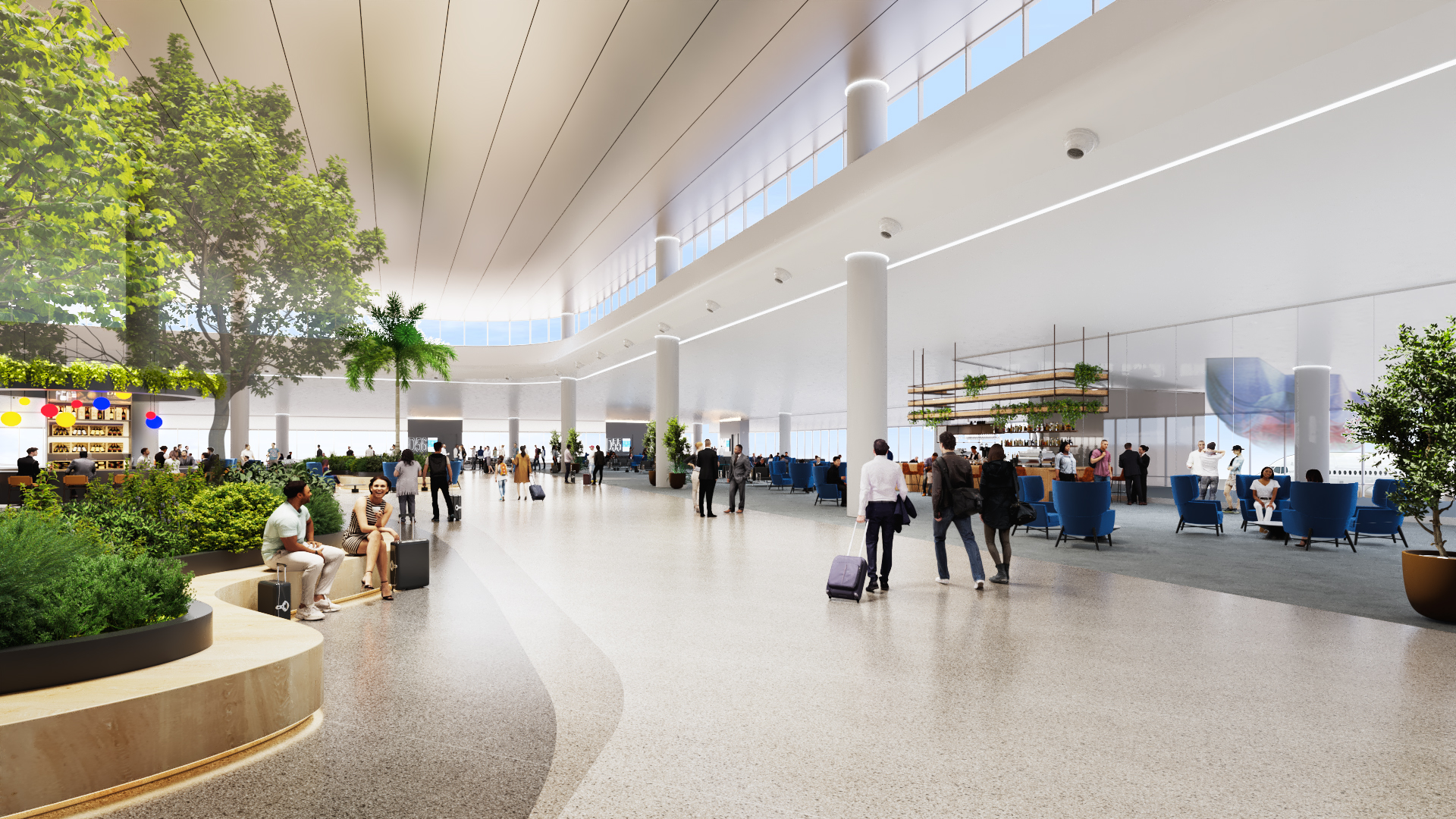 A view of Airside D's interior gate areas, with clerestory windows to allow natural light to filter in from above