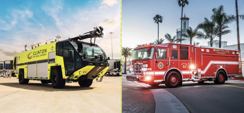 Two images, the left image is a yellow and black airport firefighting truck on an airport apron, the right image is a red and white firetruck on a street in Montecito