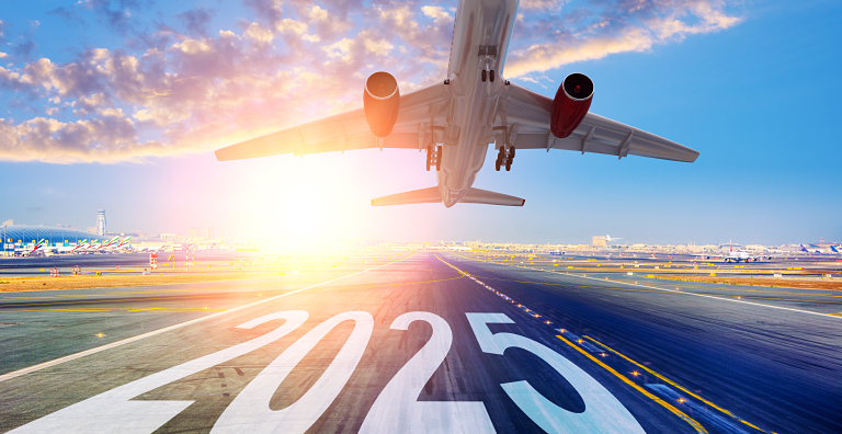 CG image of a runway with '2025' painted in white, an aircraft taking off overhead