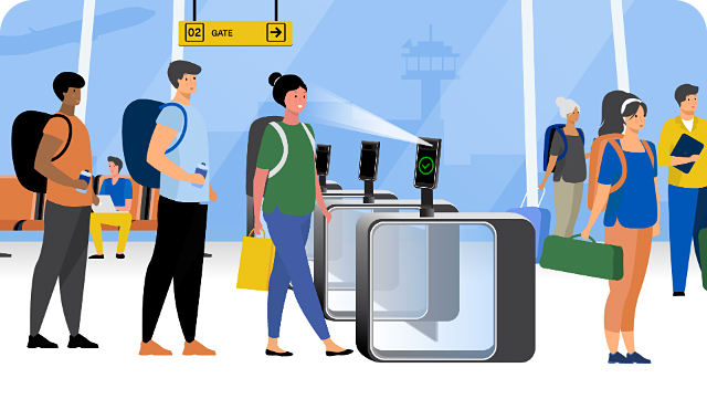 People using a self-boarding gate (cartoon style image)