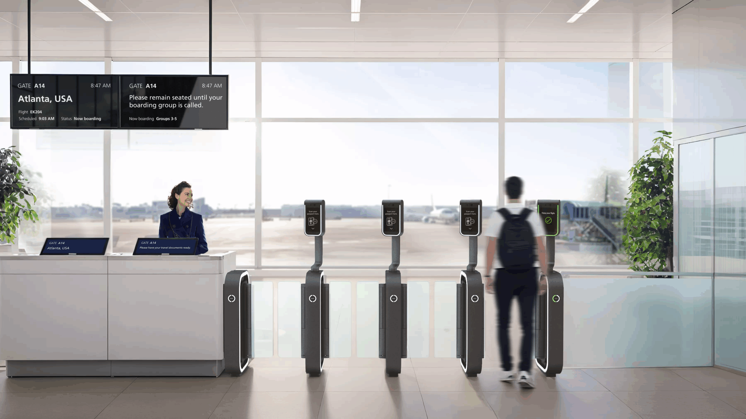 A well-lit airport boarding area features a row of automated e-gates, with a passenger approaching one in the foreground. To the left, a gate agent smiles behind a counter, and above them, a large screen displays "GATE A14 Atlanta, USA" and boarding information. Large windows in the background overlook an airport tarmac and a bright sky.