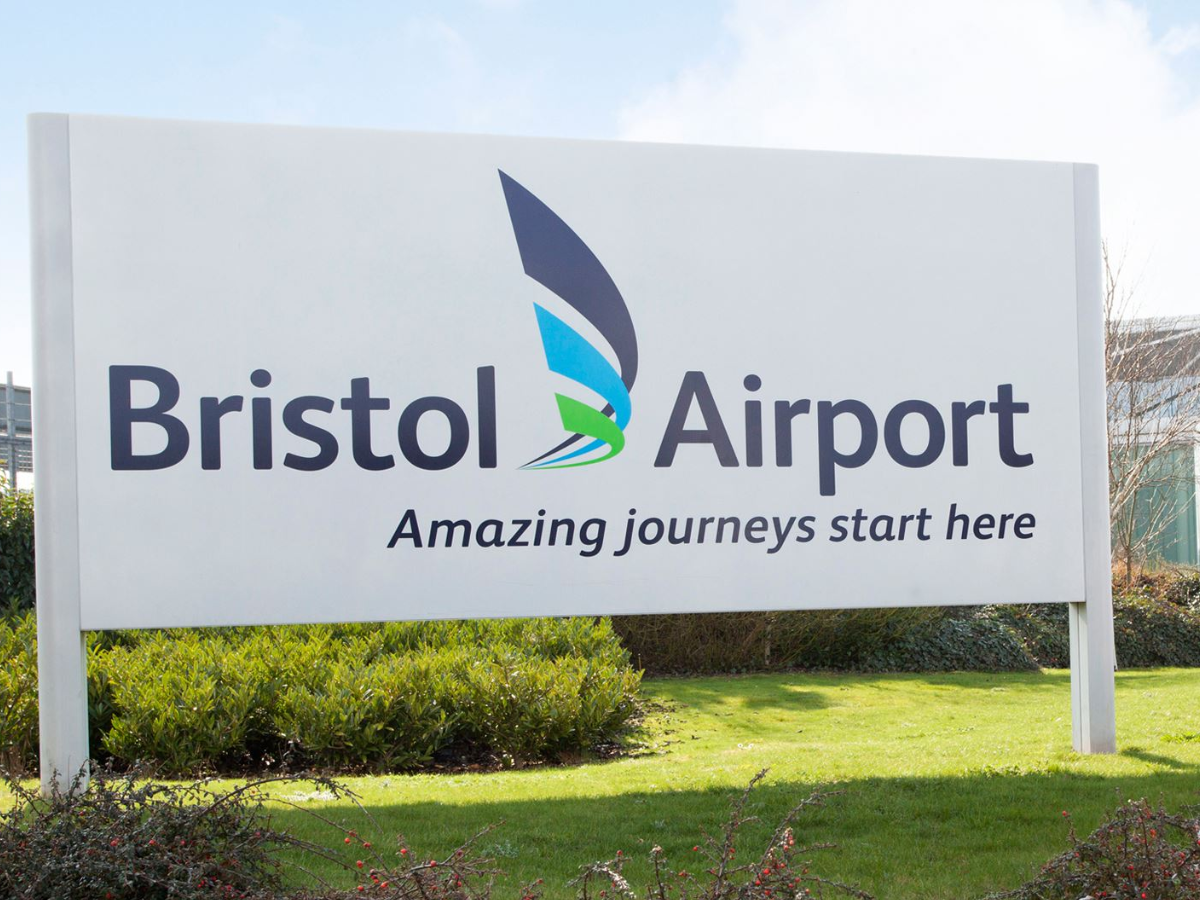 A welcome sign for Bristol Airport