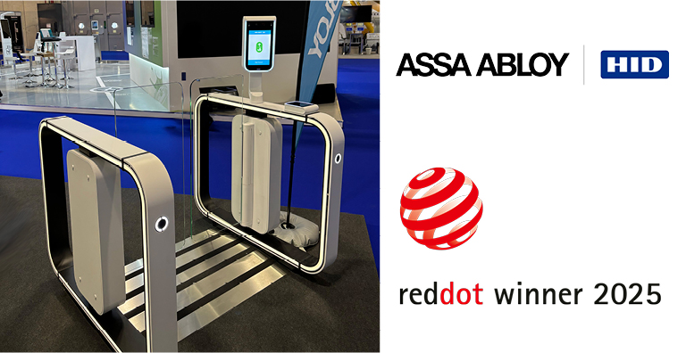 A banner showcases an e-gate reader on the left side and a "Red Dot Winner 2025" award logo on the right, with "ASSA ABLOY" and "HID" company logos above it.