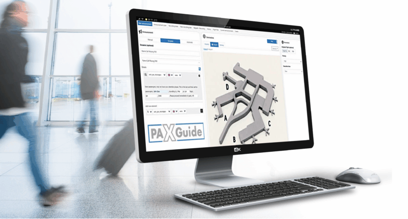 Graphic of a desktop computer screen showing PAXGuide and an airport map