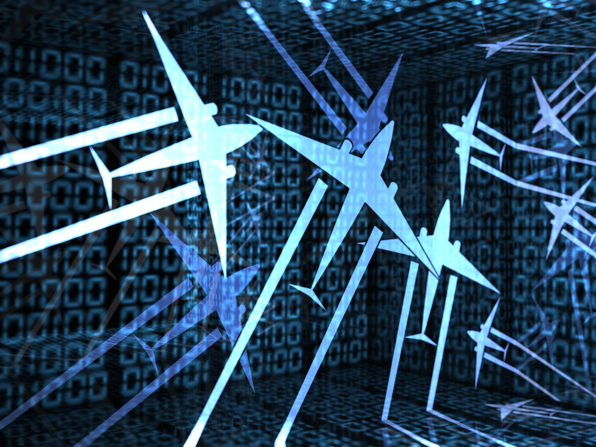 Several graphics of a plane within a box covered in binary code