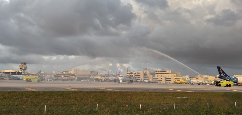 Icelandair’s inaugural Miami-Reykjavik flight receives a water-cannon salute from Miami-Dade Fire Rescue