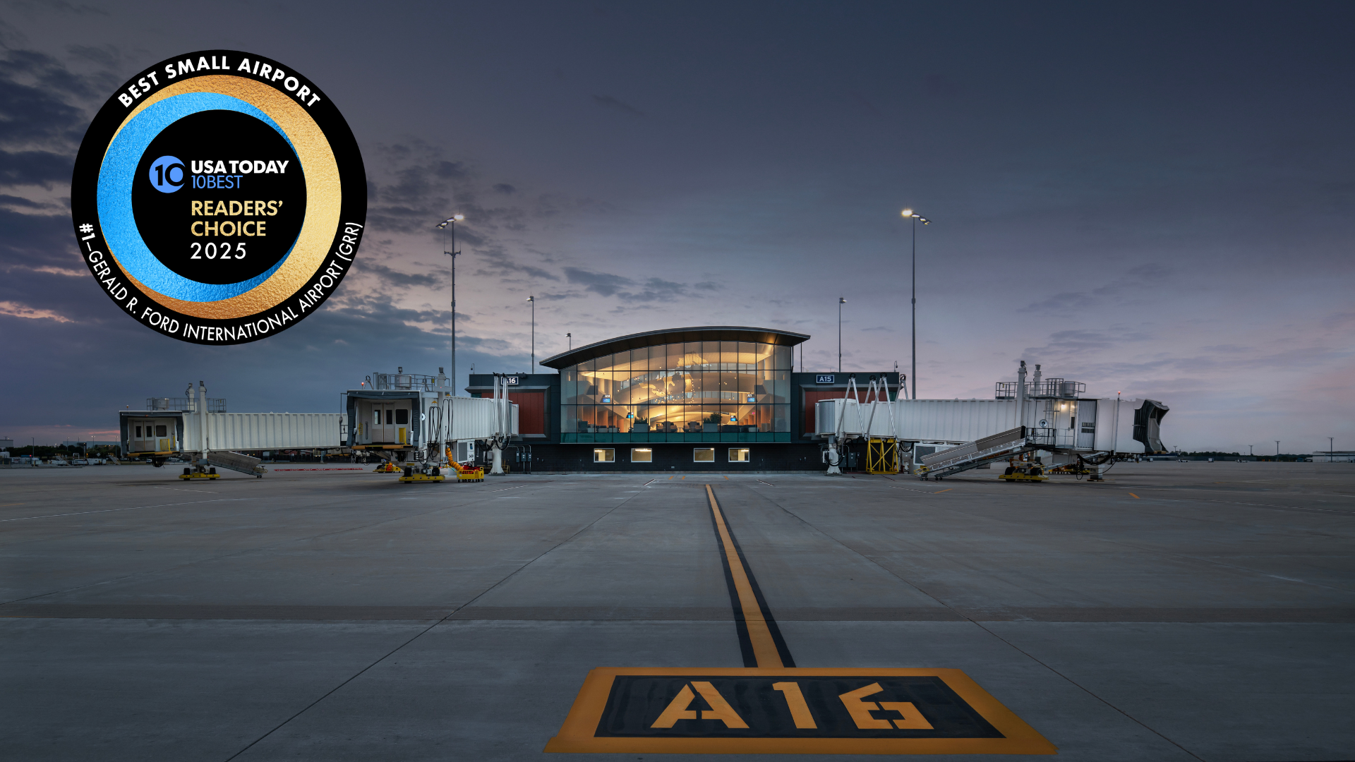 An image of Gerald R. Ford International Airport at night