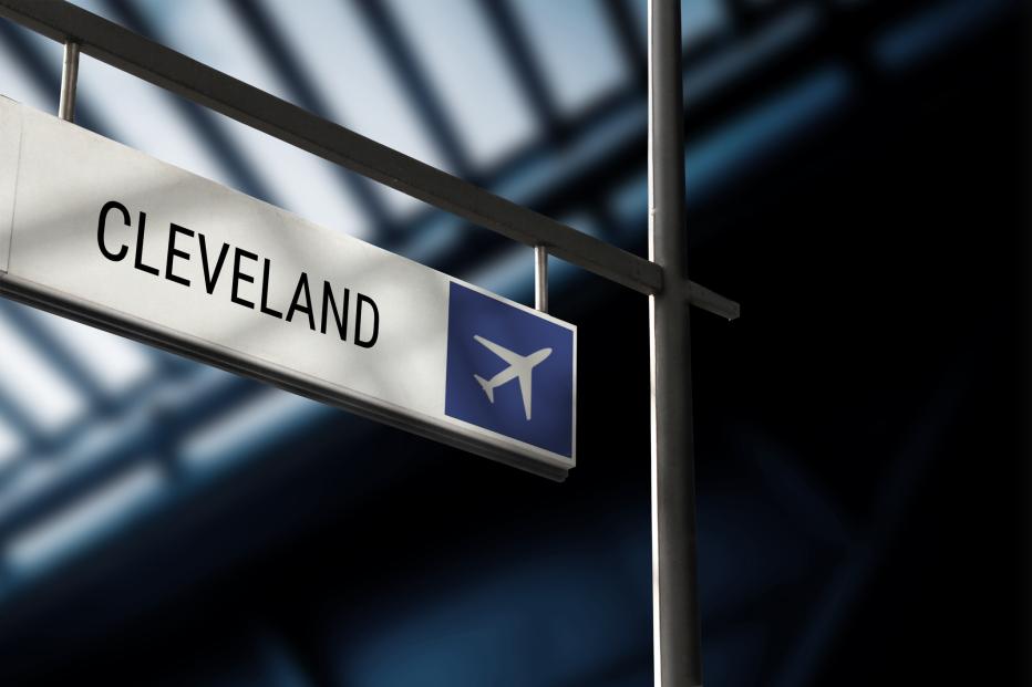 A sign for Cleveland Hopkins International Airport