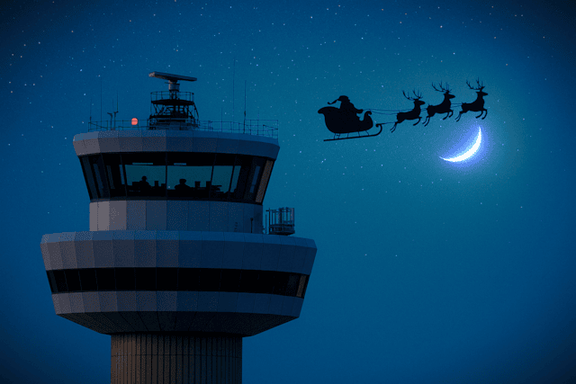 An AI image of santa against the moon and an ATC tower