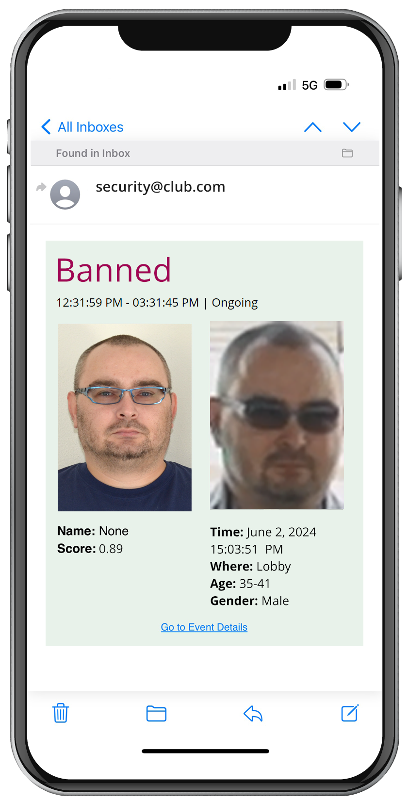 Mobile-Alert: FaceVACS-VideoScan watch list alert sent via email to mobile device