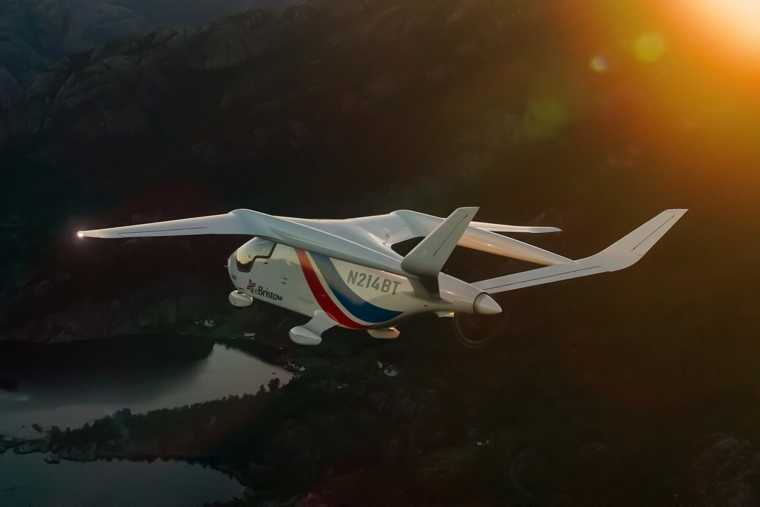 The BETA ALIA electric aircraft operated by Bristow flies over western Norway during the country’s first national electric aviation test project
