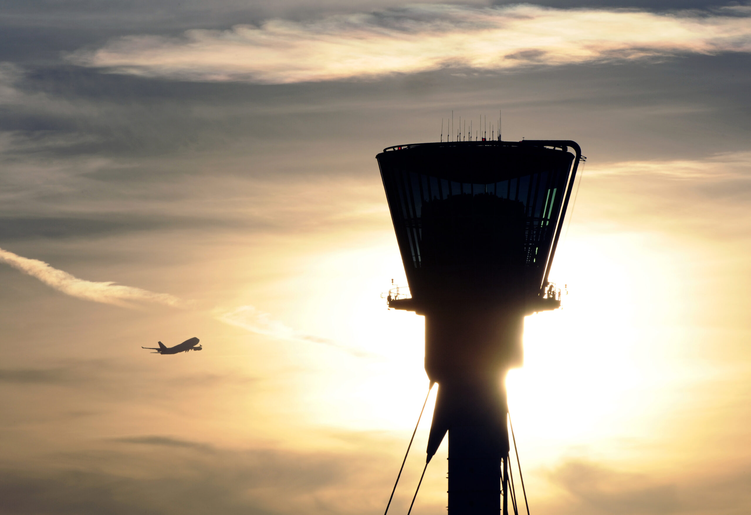 The Air Traffic Control Tower at Heathrow Airport at dusk