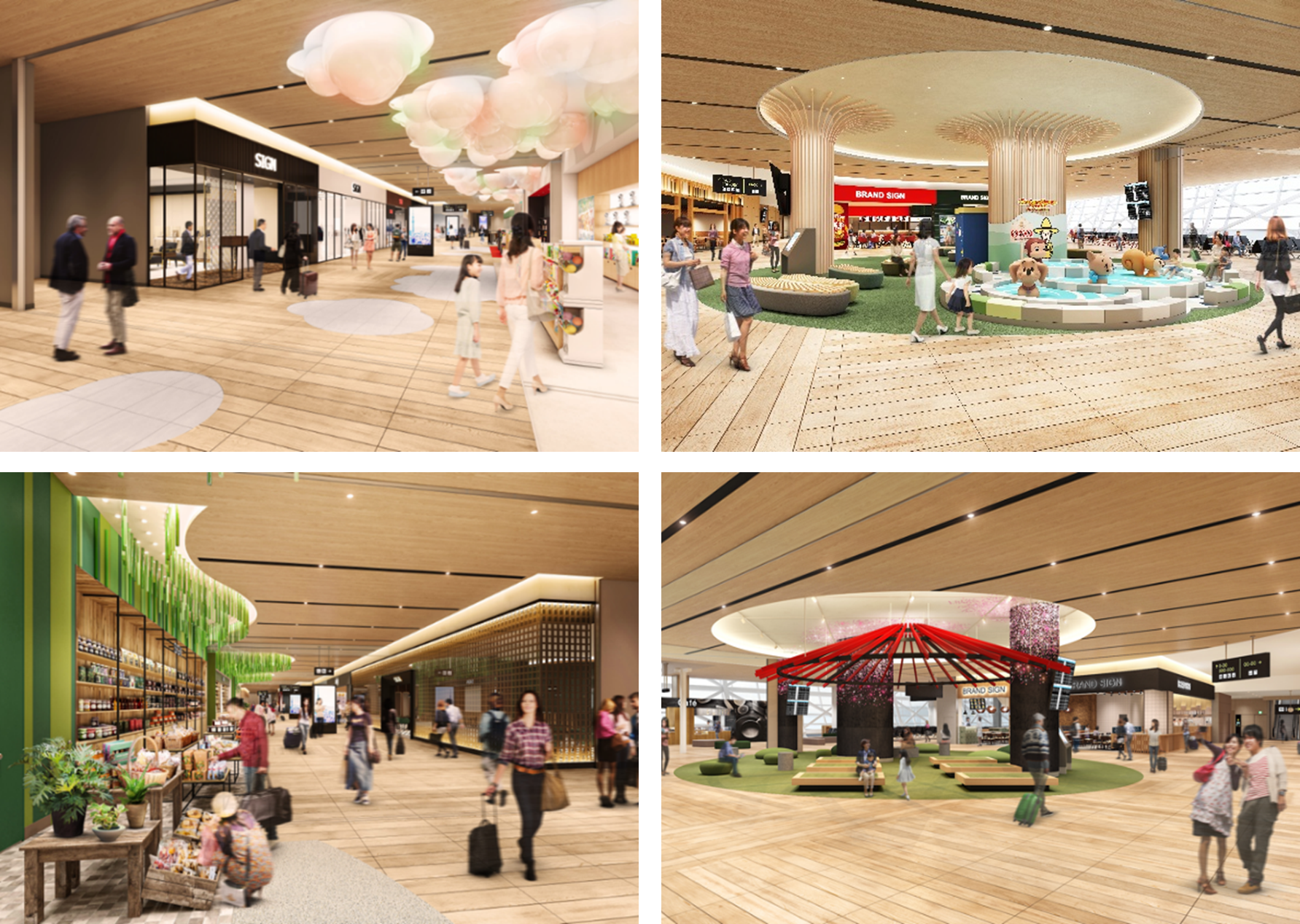 A set of four images showing people traversing a retail area inside an airport