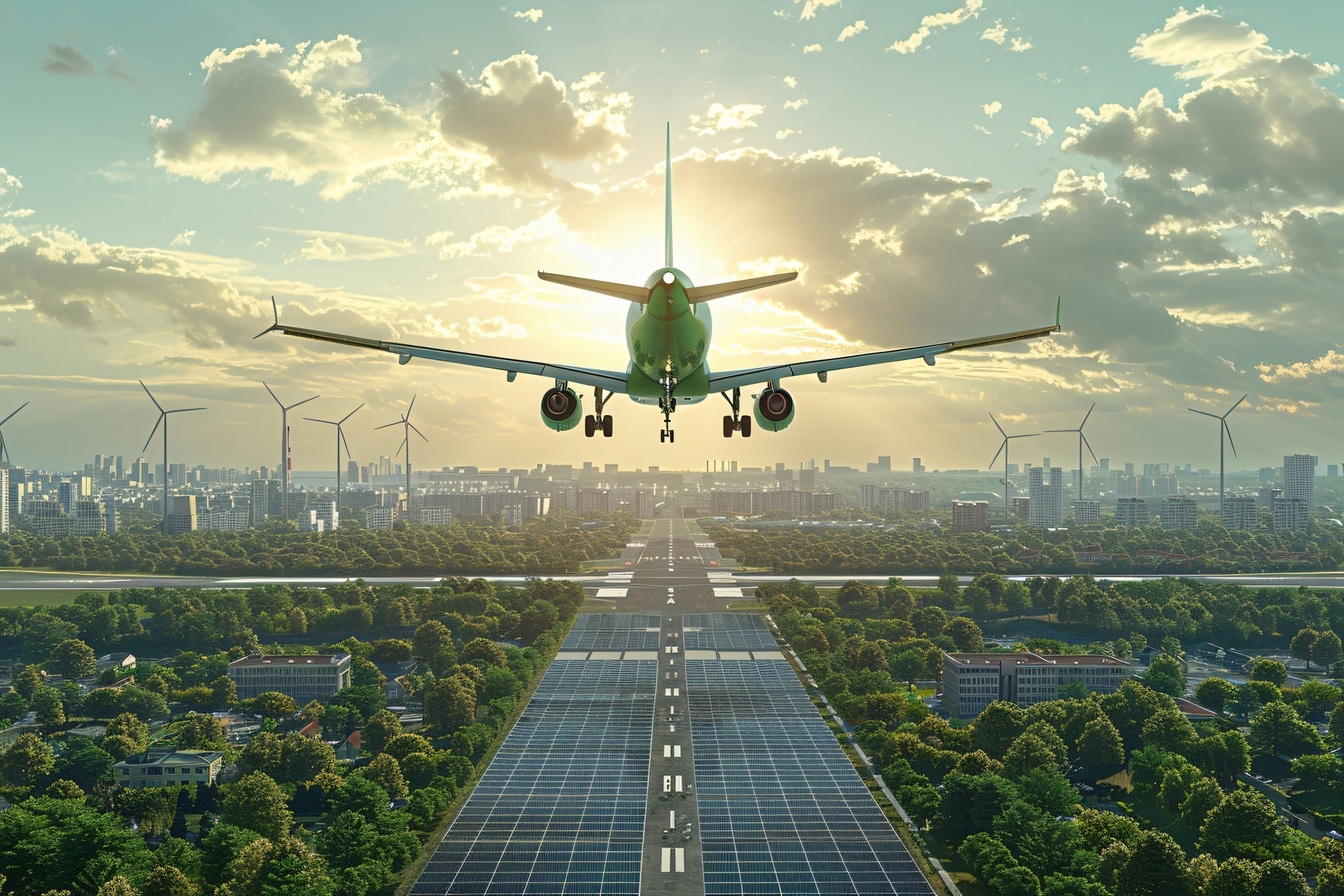 An aircraft landing near wind turbines