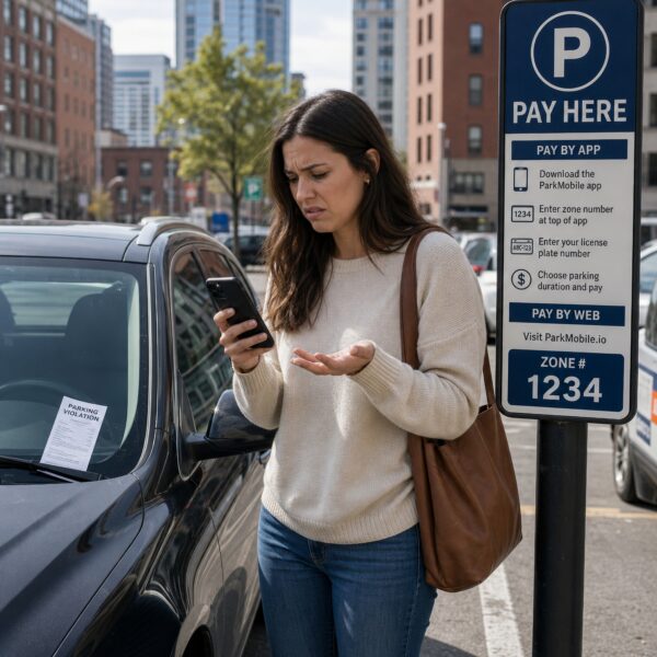 Lady looking at phone who has a Parking ticket on her car