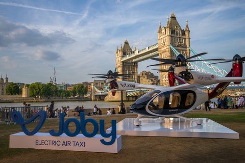 Joby Aviation's electric air taxi on public display at Potters Field Park in London, July 2026, in partnership with Virgin Atlantic