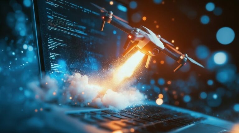 Drone blasting over laptop