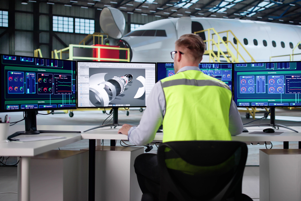 Young Caucasian Male Using Computer To Design Aircraft Engine Parts