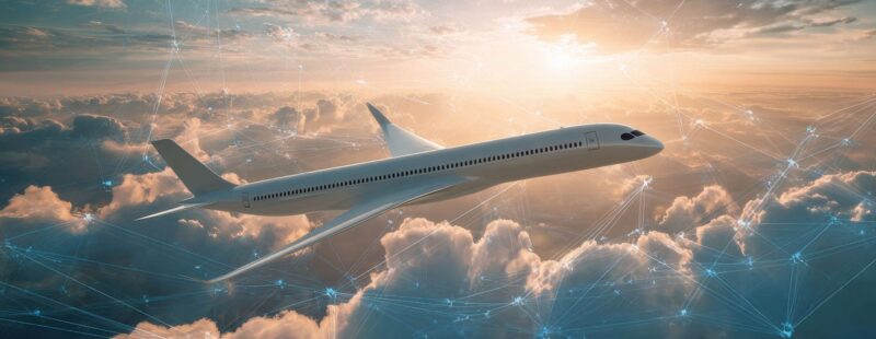 Image of plane in the sky with clouds in the background