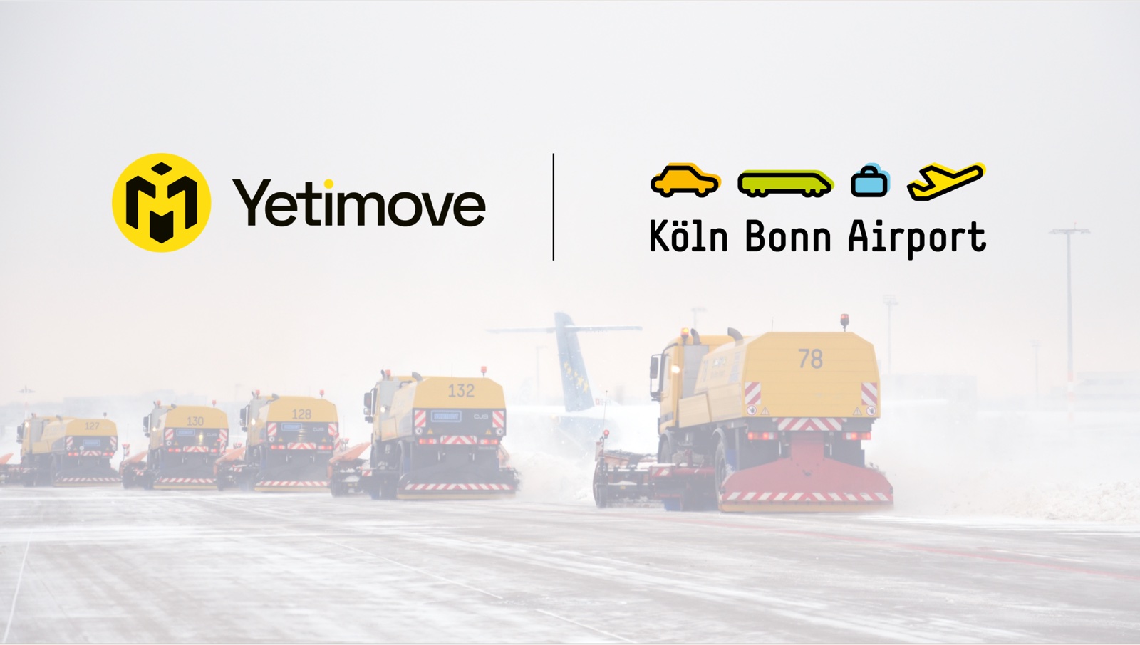 Yetimove and Köln Bonn Airport logos above a fleet of snow clearing vehicles on an airport apron