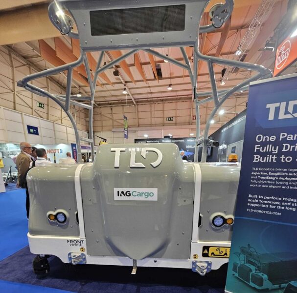 TLD Robotics' driverless tug, in IAG Cargo livery — built on EasyMile autonomy and TractEasy's deployment