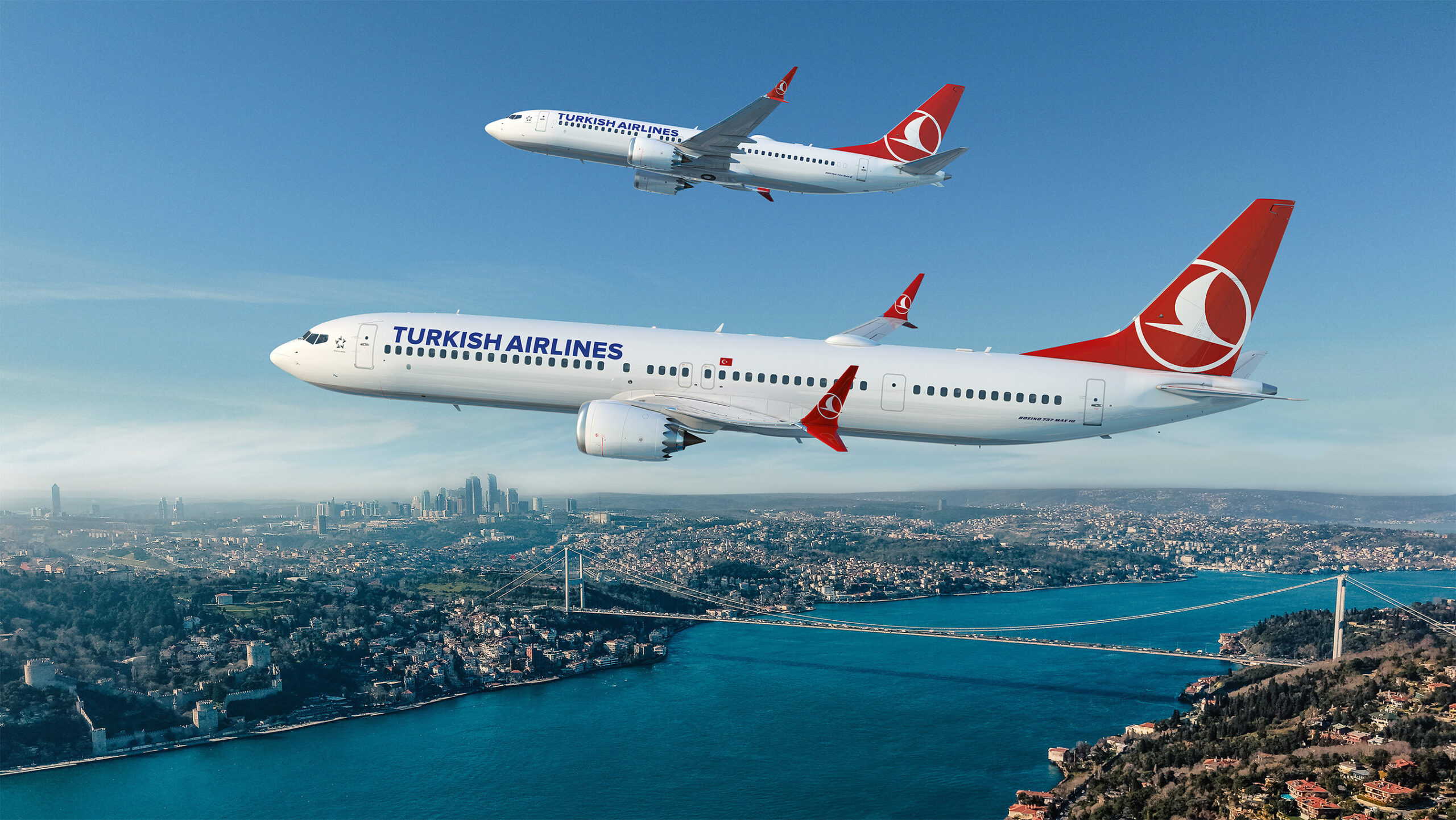 Two Turkish Airlines Boeing 737 MAX aircraft flying over the Bosphorus in Istanbul