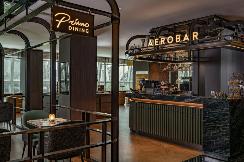 The centrepiece Aero Bar and Primo Dining at Plaza Premium First, Bangkok Suvarnabhumi Airport.