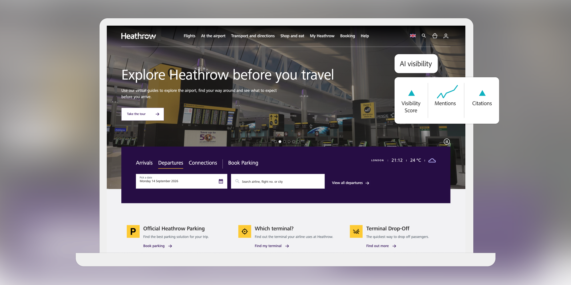 AI software in use on the Heathrow homepage
